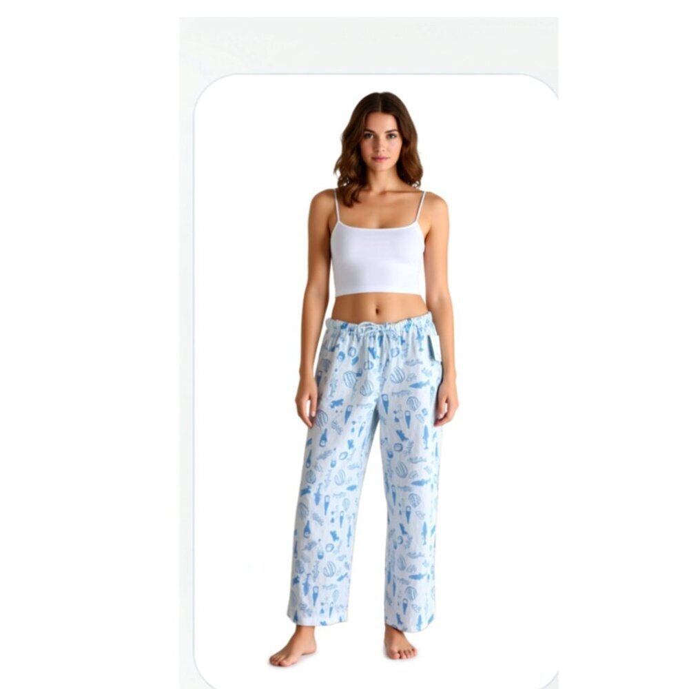 Cynthia Rowley White & Blue 100% Linen Pull On Pants Elastic Waist Size L- NWT